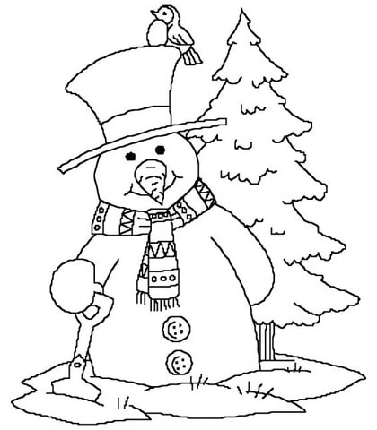 A snowman is standing next to a Christmas tree coloring page